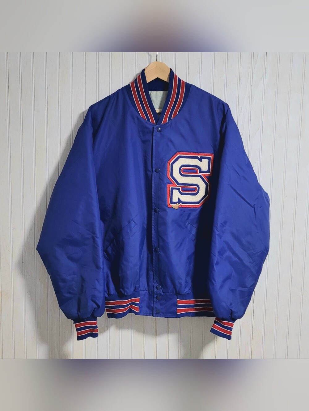 Vintage 80s DeLONG Bomber Varsity Jacket USA Blue XL